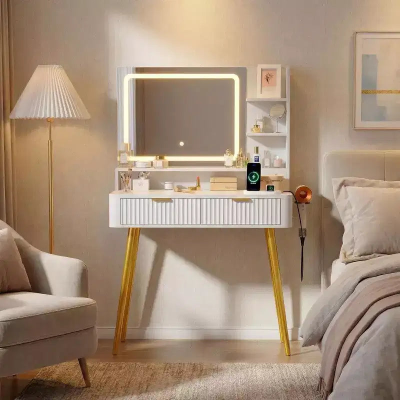 Mobile Trucco con Specchio Illuminato, Toeletta LED da 80 cm con 2 Cassetti, 3 Modalità di Illuminazione a Colori, Tavolo da Toeletta Scanalato con Stazione di Ricarica