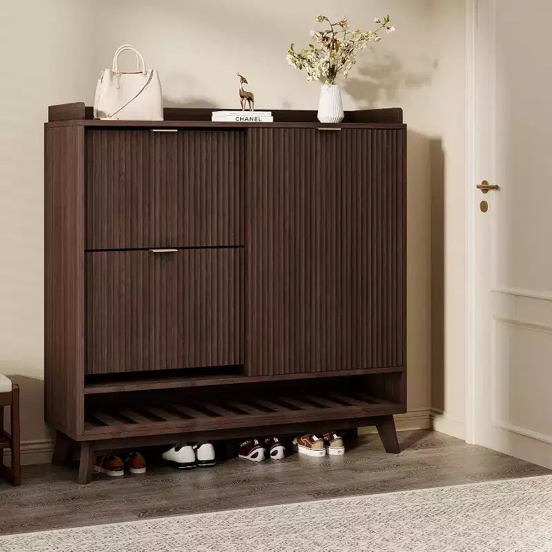 Fluted Shoe Cabinet, Narrow Freestanding Shoe Organizer Rack Wooden Storage Organizer with Sliding Door & 2 Drawers & Adjustable Shelves for Home