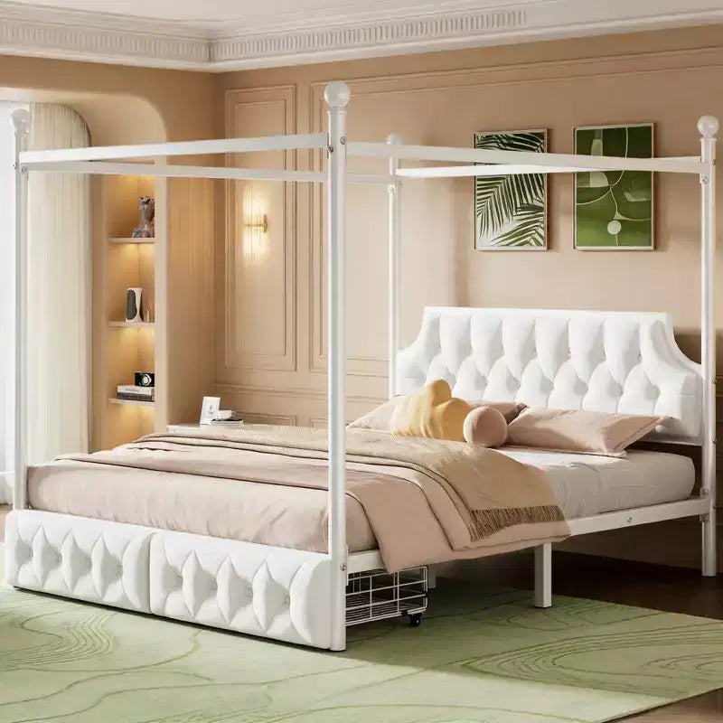 Luxystar Modern Queen Size Metal Canopy Platform Bed with Upholstered Headboard and 2 Drawers, White