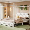 Luxystar Modern Queen Size Metal Canopy Platform Bed with Upholstered Headboard and 2 Drawers, White