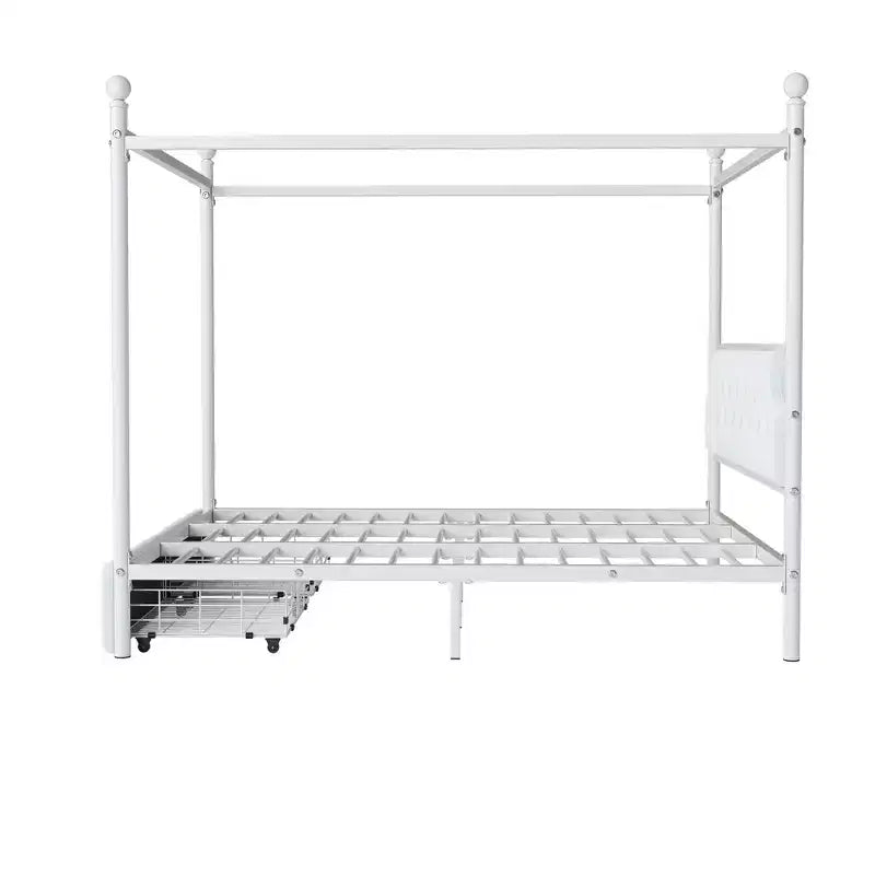 Letto a piattaforma moderno Luxystar con struttura a baldacchino in metallo, testiera imbottita e 2 cassetti, matrimoniale (Queen Size), bianco