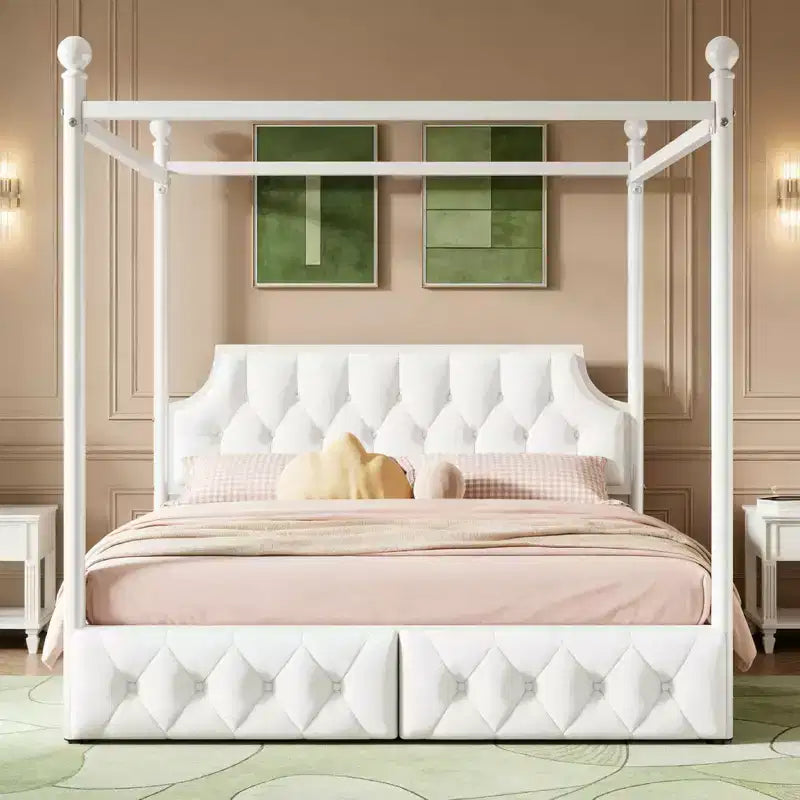 Letto a piattaforma moderno Luxystar con struttura a baldacchino in metallo, testiera imbottita e 2 cassetti, matrimoniale (Queen Size), bianco