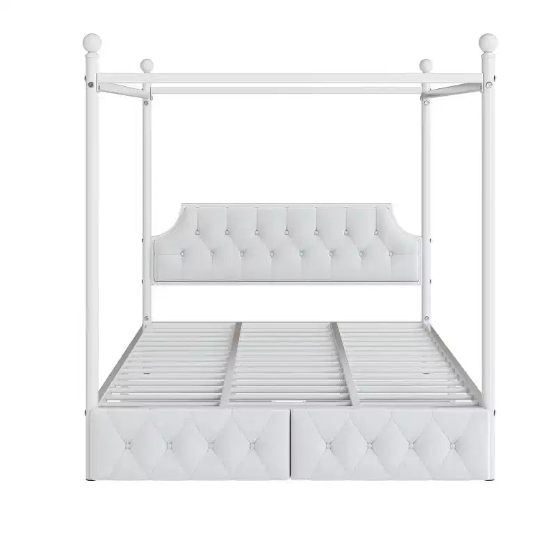 Letto a piattaforma moderno Luxystar con struttura a baldacchino in metallo, testiera imbottita e 2 cassetti, matrimoniale (Queen Size), bianco