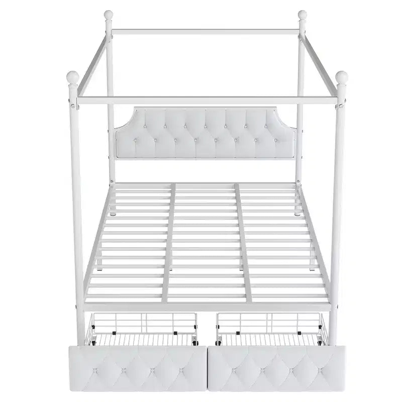 Letto a piattaforma moderno Luxystar con struttura a baldacchino in metallo, testiera imbottita e 2 cassetti, matrimoniale (Queen Size), bianco