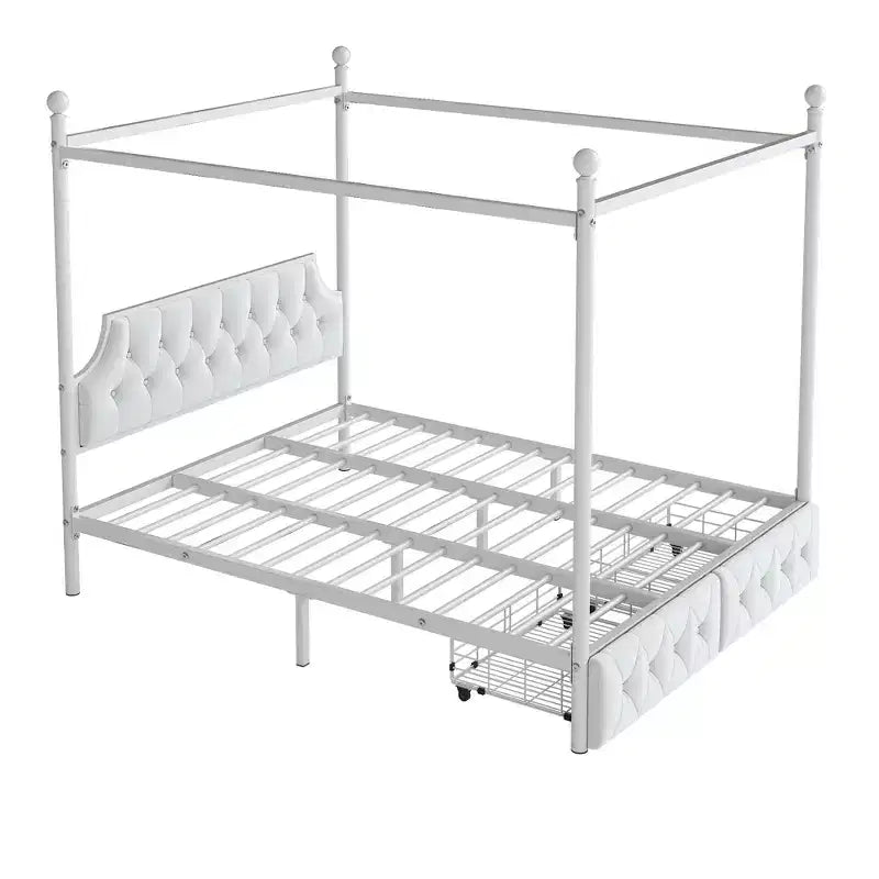 Letto a piattaforma moderno Luxystar con struttura a baldacchino in metallo, testiera imbottita e 2 cassetti, matrimoniale (Queen Size), bianco