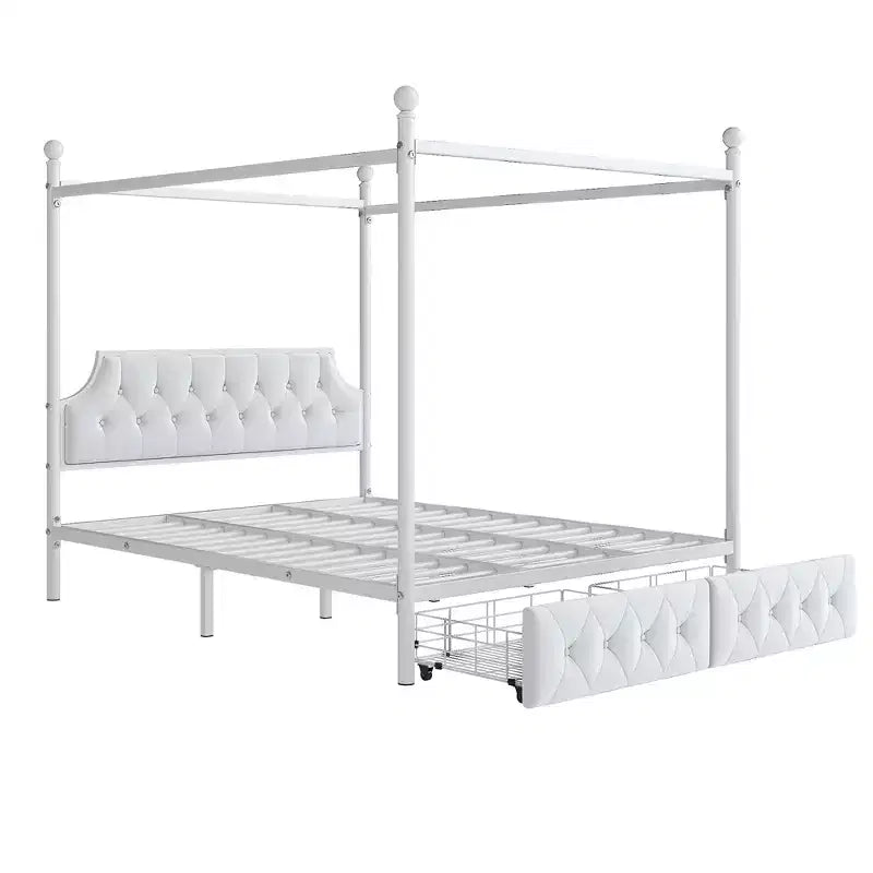 Letto a piattaforma moderno Luxystar con struttura a baldacchino in metallo, testiera imbottita e 2 cassetti, matrimoniale (Queen Size), bianco