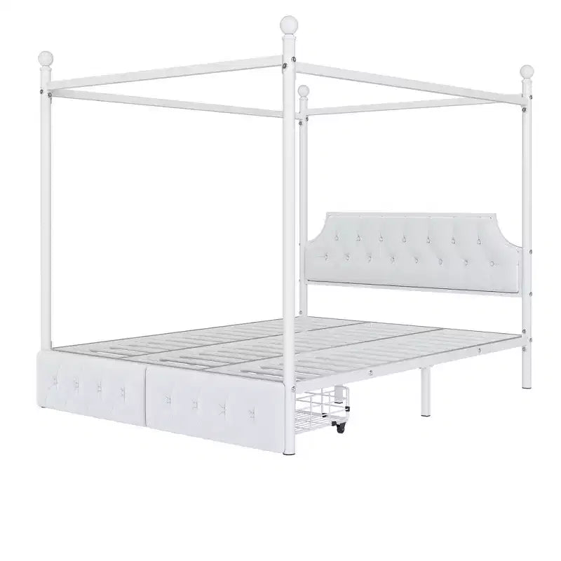 Letto a piattaforma moderno Luxystar con struttura a baldacchino in metallo, testiera imbottita e 2 cassetti, matrimoniale (Queen Size), bianco