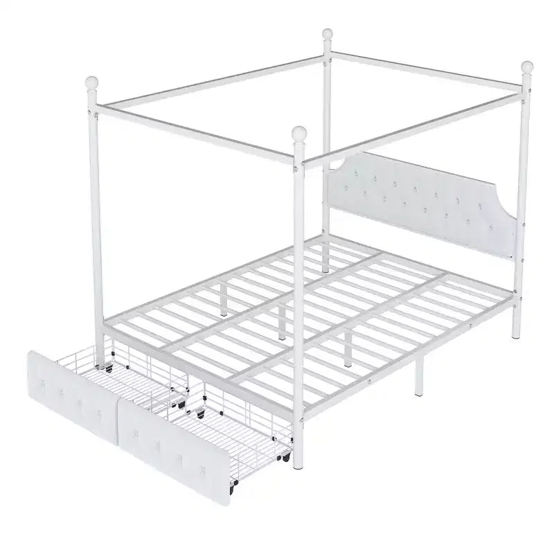 Letto a piattaforma moderno Luxystar con struttura a baldacchino in metallo, testiera imbottita e 2 cassetti, matrimoniale (Queen Size), bianco