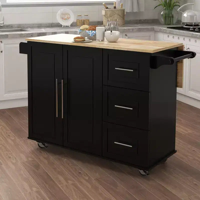 JVNOXK Kitchen island with spice rack, towel rack, and extendable solid wood tabletop, featuring locking casters and storage space, black