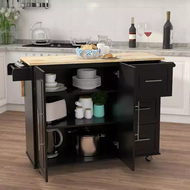JVNOXK Isola da cucina con portaspezie, portasciugamani e piano in legno massello estensibile, con ruote bloccabili e spazio contenitore, nero