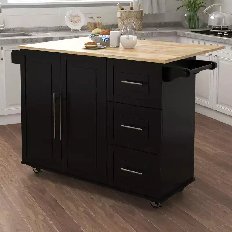 JVNOXK Isola da cucina con portaspezie, portasciugamani e piano in legno massello estensibile, con ruote bloccabili e spazio contenitore, nero