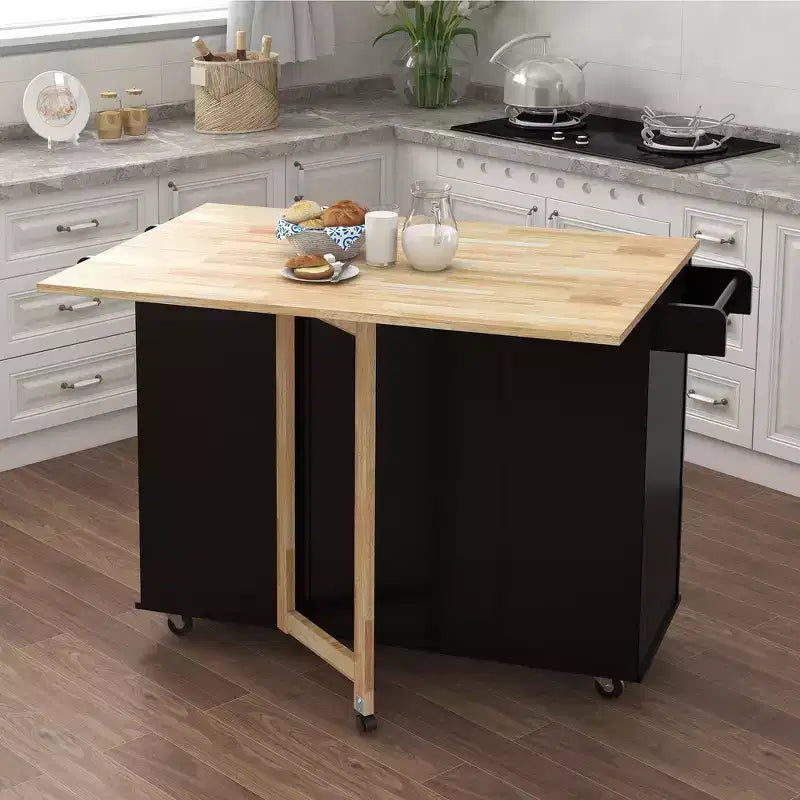 JVNOXK Isola da cucina con portaspezie, portasciugamani e piano in legno massello estensibile, con ruote bloccabili e spazio contenitore, nero