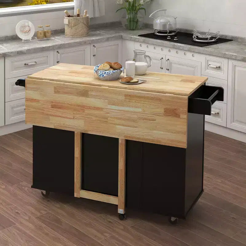 JVNOXK Isola da cucina con portaspezie, portasciugamani e piano in legno massello estensibile, con ruote bloccabili e spazio contenitore, nero