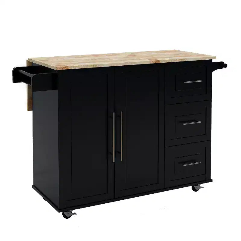 JVNOXK Isola da cucina con portaspezie, portasciugamani e piano in legno massello estensibile, con ruote bloccabili e spazio contenitore, nero