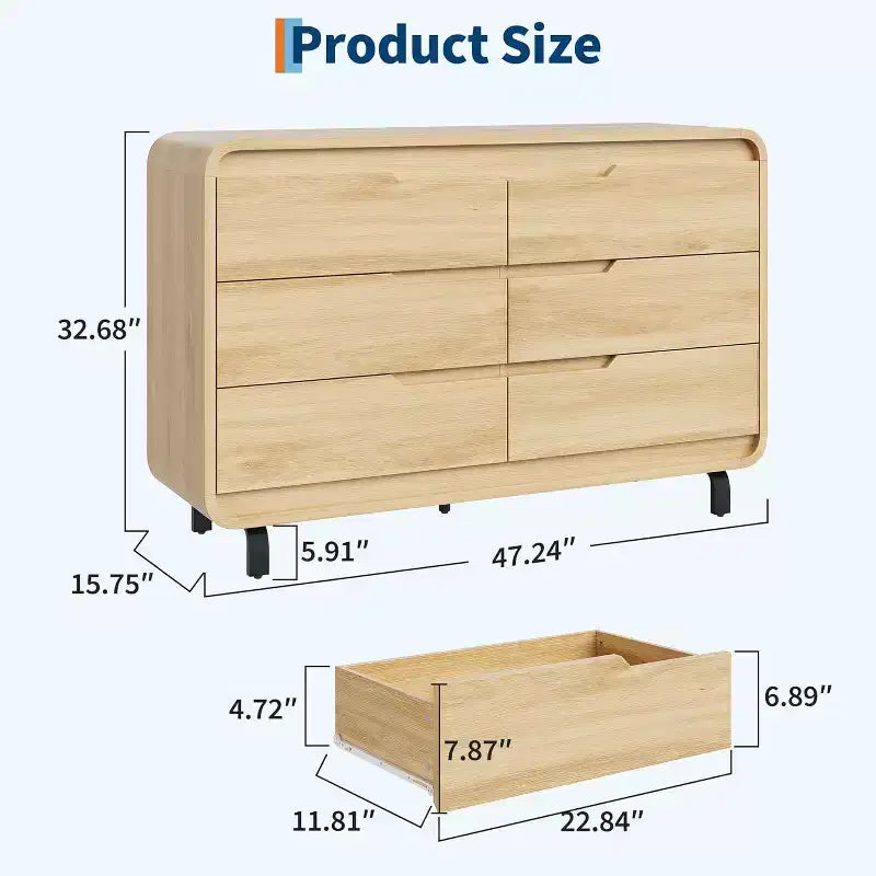 Cassettiera a 6 cassetti GustoWave, Comò in Legno con Gambe in Metallo e Kit Anti-Ribaltamento, Mobile Contenitore con Angoli Arrotondati per Camera da Letto o Soggiorno