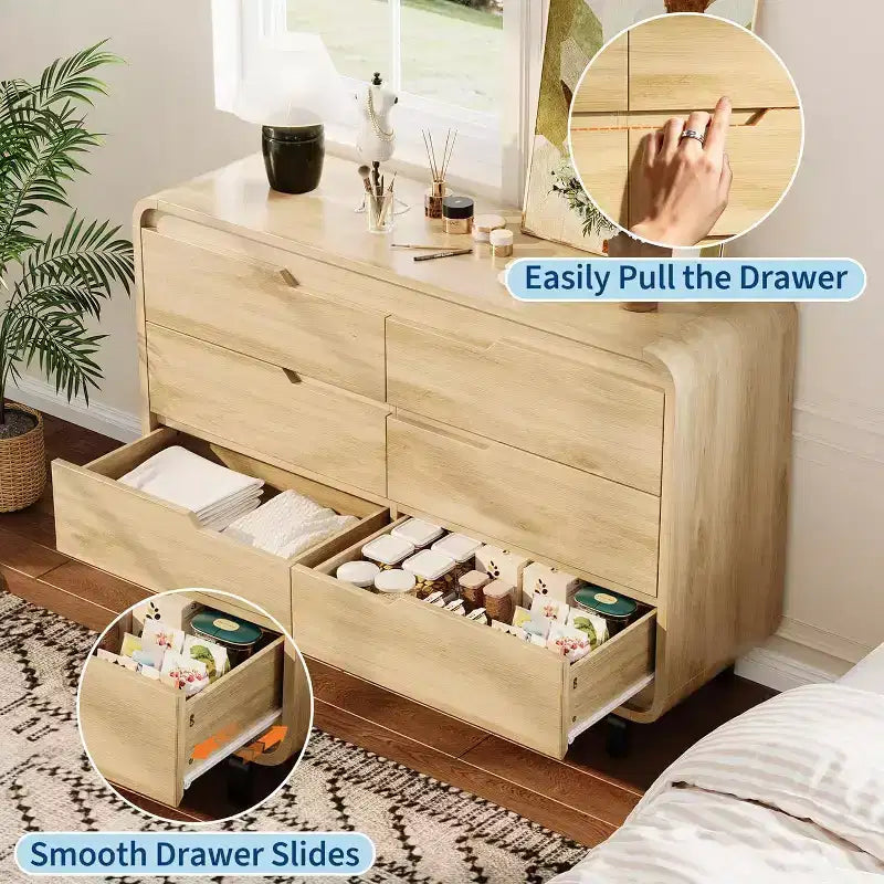 Cassettiera a 6 cassetti GustoWave, Comò in Legno con Gambe in Metallo e Kit Anti-Ribaltamento, Mobile Contenitore con Angoli Arrotondati per Camera da Letto o Soggiorno