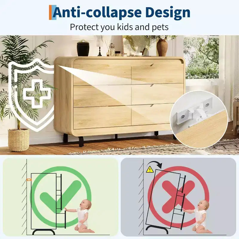 Cassettiera a 6 cassetti GustoWave, Comò in Legno con Gambe in Metallo e Kit Anti-Ribaltamento, Mobile Contenitore con Angoli Arrotondati per Camera da Letto o Soggiorno