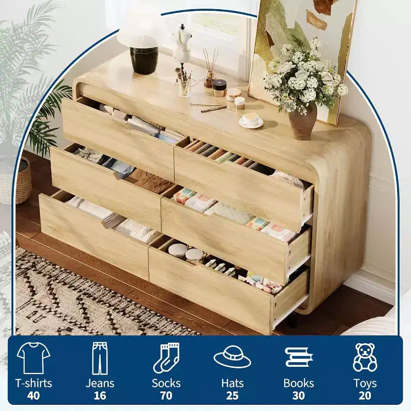 Cassettiera a 6 cassetti GustoWave, Comò in Legno con Gambe in Metallo e Kit Anti-Ribaltamento, Mobile Contenitore con Angoli Arrotondati per Camera da Letto o Soggiorno