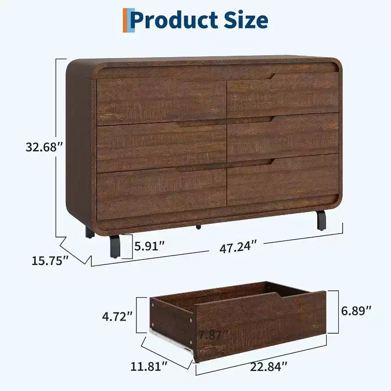 Cassettiera a 6 cassetti GustoWave, Comò in Legno con Gambe in Metallo e Kit Anti-Ribaltamento, Mobile Contenitore con Angoli Arrotondati per Camera da Letto o Soggiorno