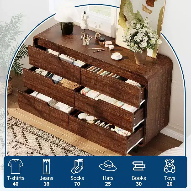 Cassettiera a 6 cassetti GustoWave, Comò in Legno con Gambe in Metallo e Kit Anti-Ribaltamento, Mobile Contenitore con Angoli Arrotondati per Camera da Letto o Soggiorno