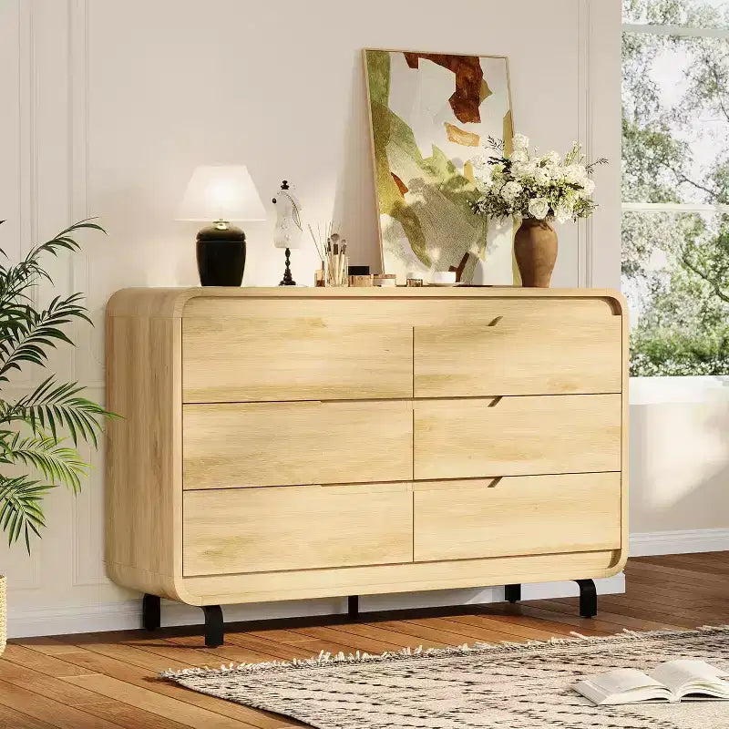 Cassettiera a 6 cassetti GustoWave, Comò in Legno con Gambe in Metallo e Kit Anti-Ribaltamento, Mobile Contenitore con Angoli Arrotondati per Camera da Letto o Soggiorno