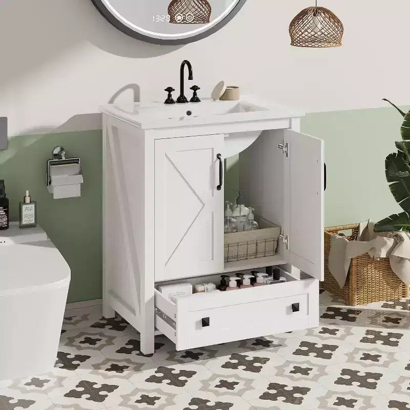 Mobile bagno da 60 cm con lavabo in ceramica e anta con chiusura ammortizzata - Armadietto salvaspazio per bagni piccoli