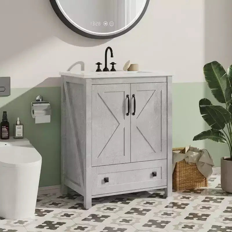 24 Bathroom Vanity with Ceramic Sink & Soft-Close Door - Space-Saving Storage Cabinet for Small Bathrooms