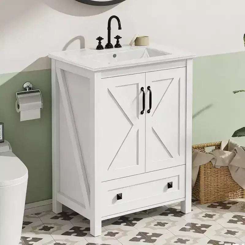 Mobile bagno da 60 cm con lavabo in ceramica e anta con chiusura ammortizzata - Armadietto salvaspazio per bagni piccoli