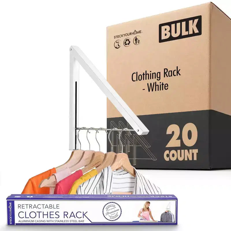 Wall-Mounted Retractable Single Foldable Clothing Rack, White (20 Count)
