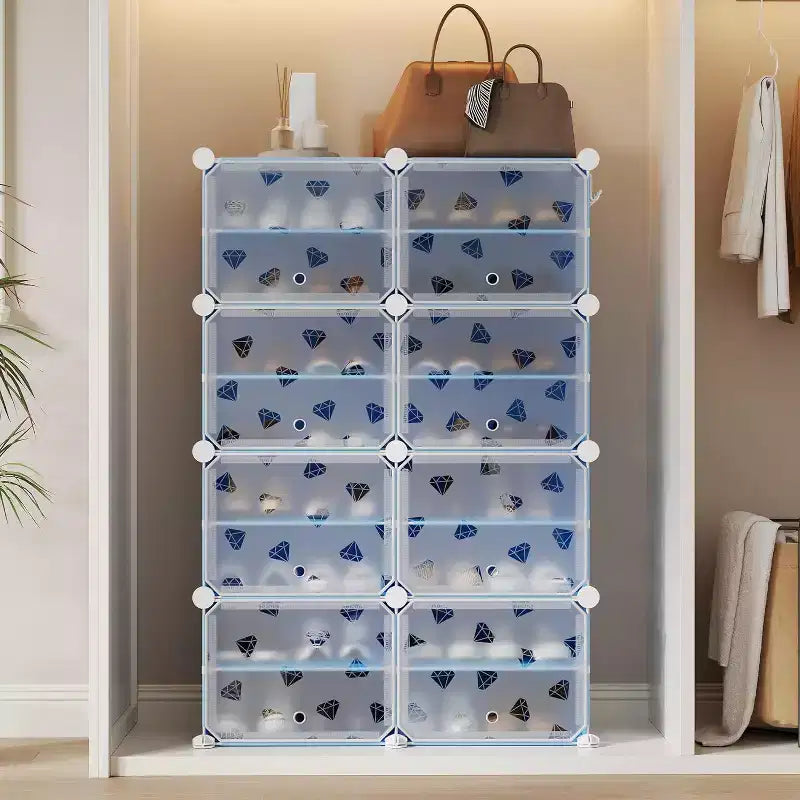 Scarpiera a 8 Ripiani Staccabili, Organizer Espandibile per 32 Paia con Anta per Ingresso e Camera da Letto, Blu