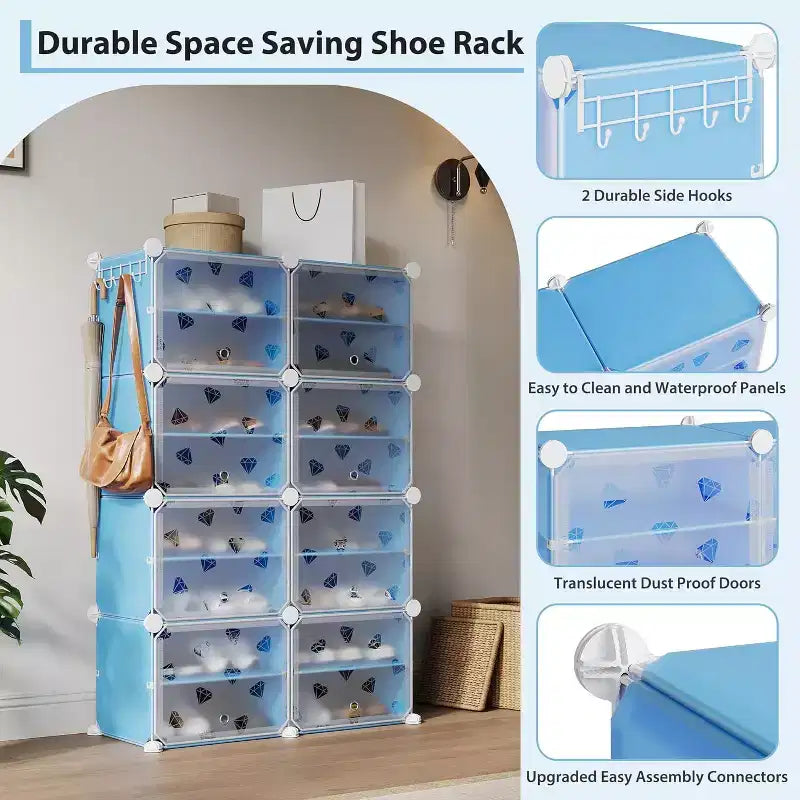 Scarpiera a 8 Ripiani Staccabili, Organizer Espandibile per 32 Paia con Anta per Ingresso e Camera da Letto, Blu