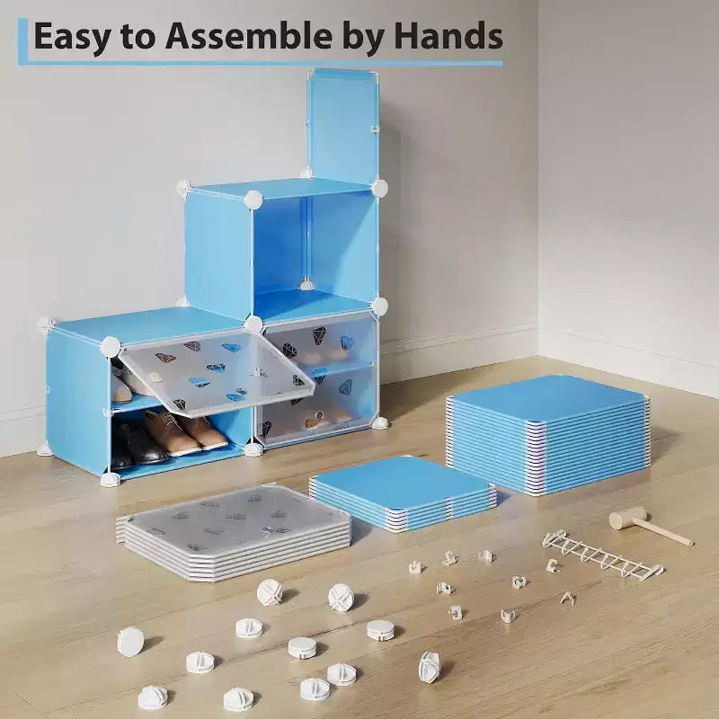Scarpiera a 8 Ripiani Staccabili, Organizer Espandibile per 32 Paia con Anta per Ingresso e Camera da Letto, Blu