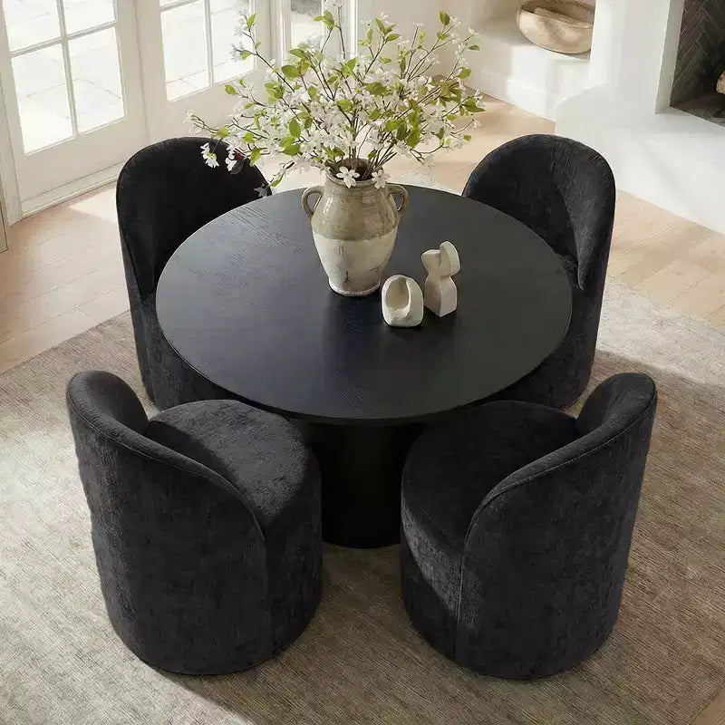 Set da Pranzo 5 Pezzi per 4 Persone, Sedie Moderne a Barilotto con Ruote e Rivestimento in Ciniglia, Tavolo Rotondo con Basamento Nero-Panipeachy