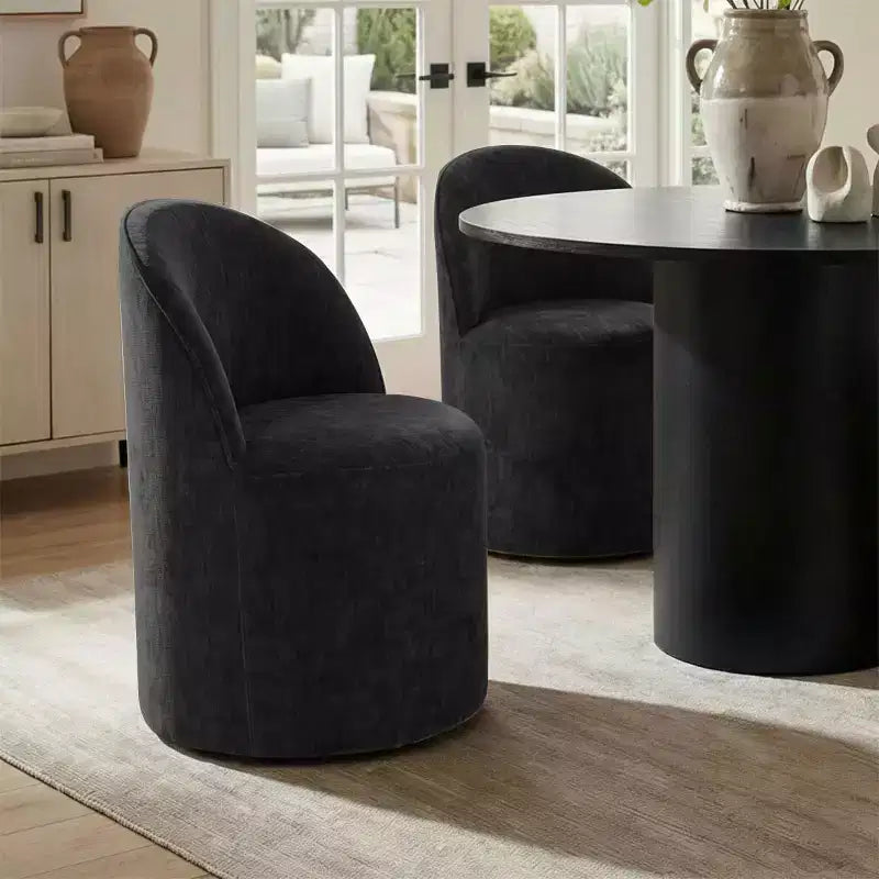 Set da Pranzo 5 Pezzi per 4 Persone, Sedie Moderne a Barilotto con Ruote e Rivestimento in Ciniglia, Tavolo Rotondo con Basamento Nero-Panipeachy