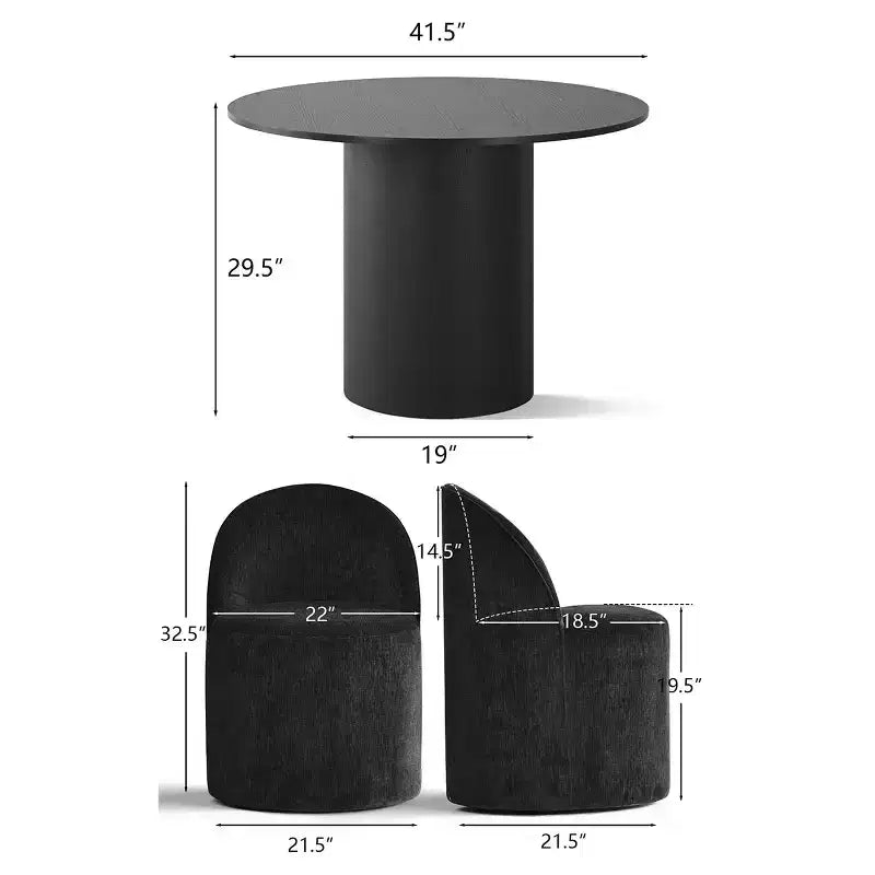 Set da Pranzo 5 Pezzi per 4 Persone, Sedie Moderne a Barilotto con Ruote e Rivestimento in Ciniglia, Tavolo Rotondo con Basamento Nero-Panipeachy