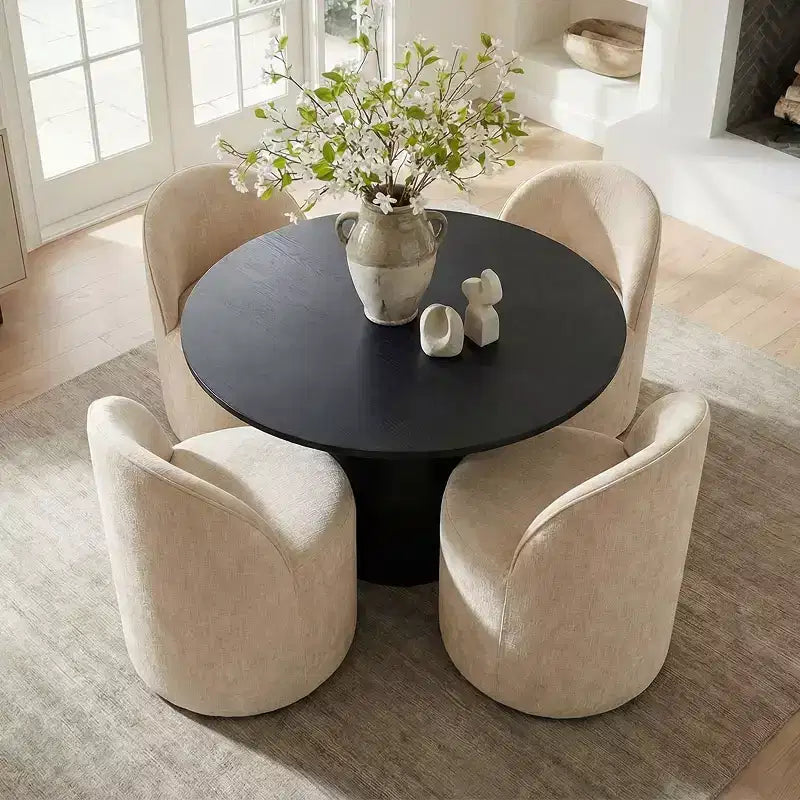 Set da Pranzo 5 Pezzi per 4 Persone, Sedie Moderne a Barilotto con Ruote e Rivestimento in Ciniglia, Tavolo Rotondo con Basamento Nero-Panipeachy