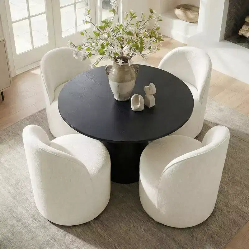 Set da Pranzo 5 Pezzi per 4 Persone, Sedie Moderne a Barilotto con Ruote e Rivestimento in Ciniglia, Tavolo Rotondo con Basamento Nero-Panipeachy