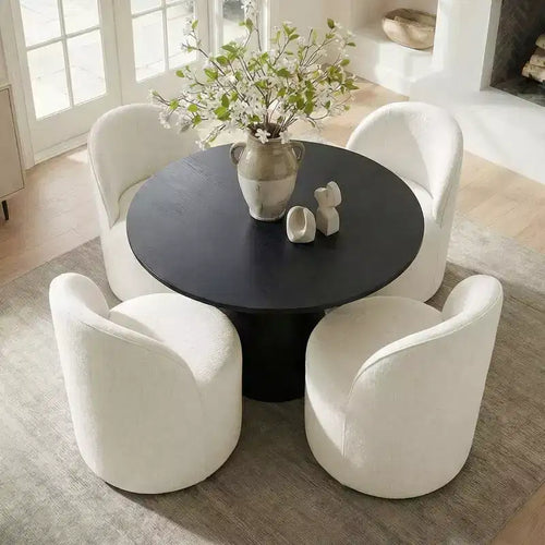 Set da Pranzo 5 Pezzi per 4 Persone, Sedie Moderne a Barilotto con Ruote e Rivestimento in Ciniglia, Tavolo Rotondo con Basamento Nero-Panipeachy