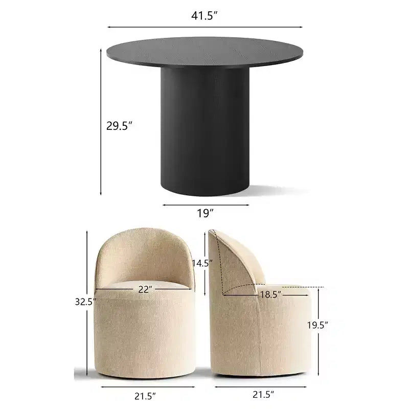 Set da Pranzo 5 Pezzi per 4 Persone, Sedie Moderne a Barilotto con Ruote e Rivestimento in Ciniglia, Tavolo Rotondo con Basamento Nero-Panipeachy