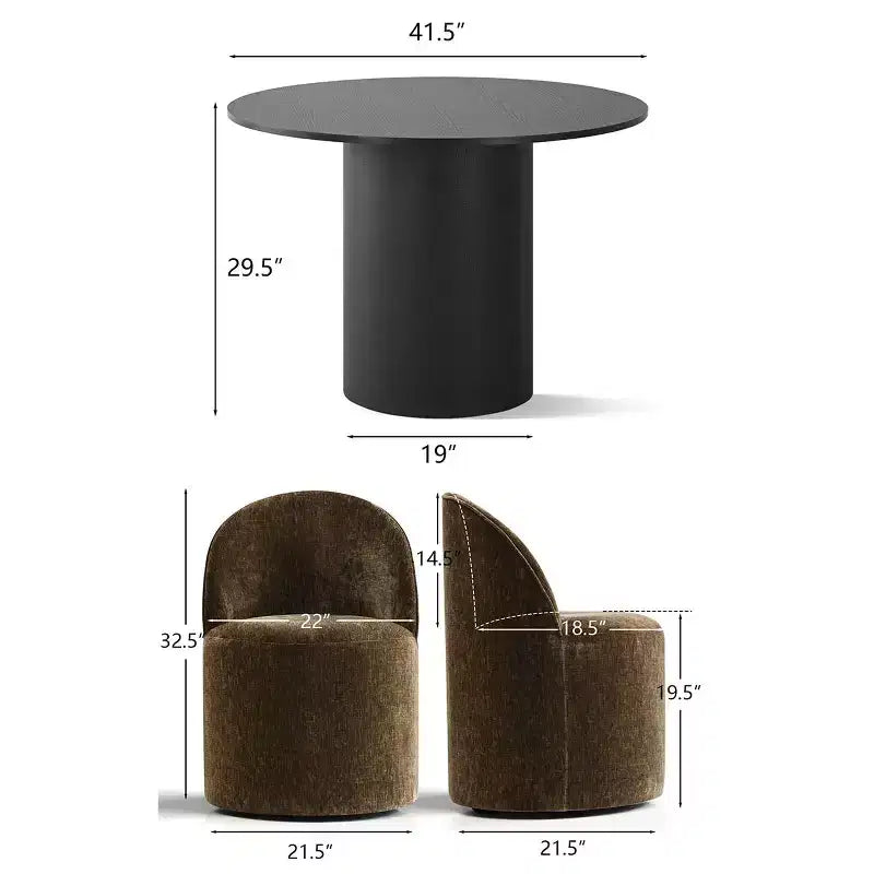 Set da Pranzo 5 Pezzi per 4 Persone, Sedie Moderne a Barilotto con Ruote e Rivestimento in Ciniglia, Tavolo Rotondo con Basamento Nero-Panipeachy
