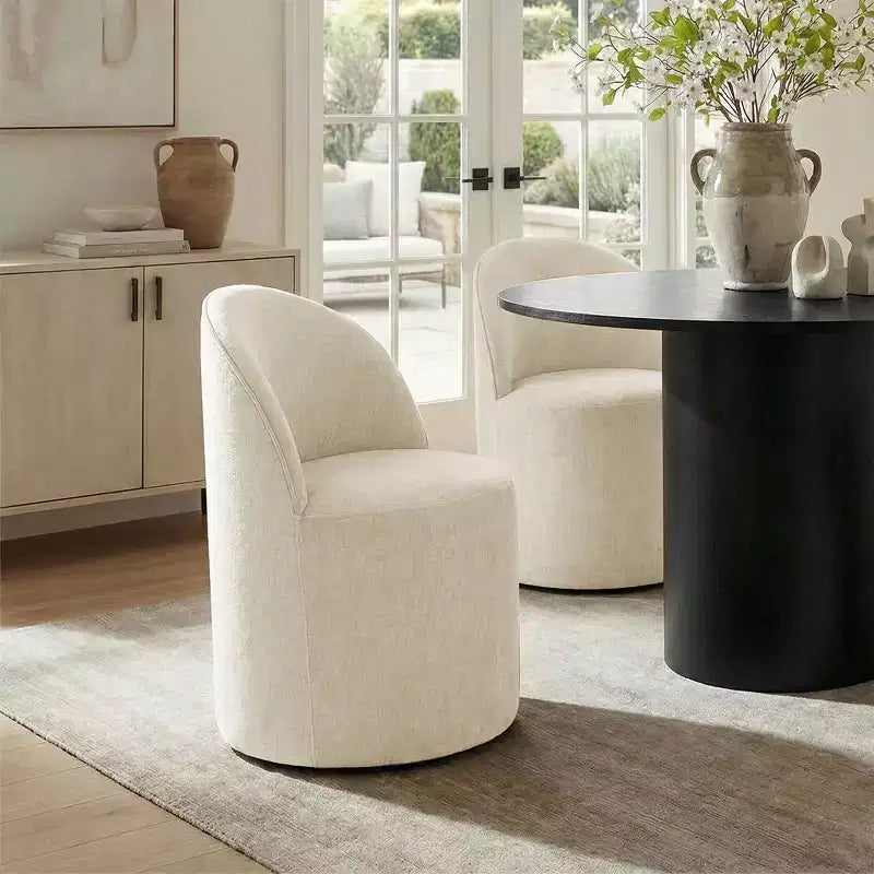 Set da Pranzo 5 Pezzi per 4 Persone, Sedie Moderne a Barilotto con Ruote e Rivestimento in Ciniglia, Tavolo Rotondo con Basamento Nero-Panipeachy