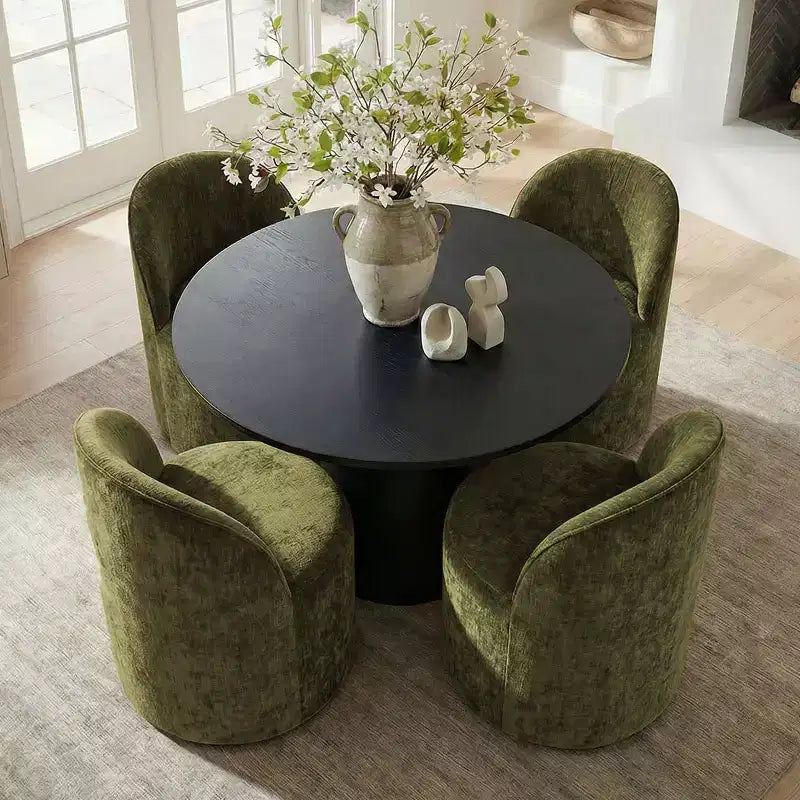 Set da Pranzo 5 Pezzi per 4 Persone, Sedie Moderne a Barilotto con Ruote e Rivestimento in Ciniglia, Tavolo Rotondo con Basamento Nero-Panipeachy