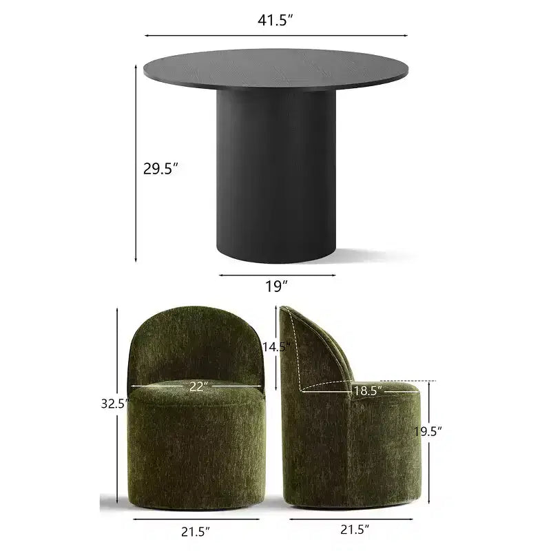 Set da Pranzo 5 Pezzi per 4 Persone, Sedie Moderne a Barilotto con Ruote e Rivestimento in Ciniglia, Tavolo Rotondo con Basamento Nero-Panipeachy