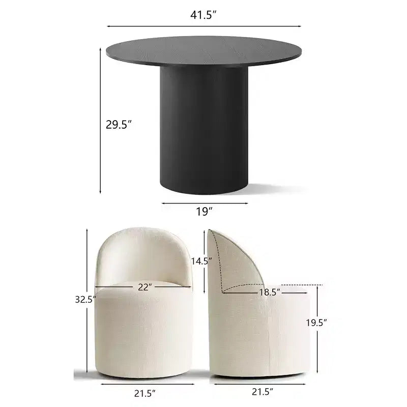 Set da Pranzo 5 Pezzi per 4 Persone, Sedie Moderne a Barilotto con Ruote e Rivestimento in Ciniglia, Tavolo Rotondo con Basamento Nero-Panipeachy