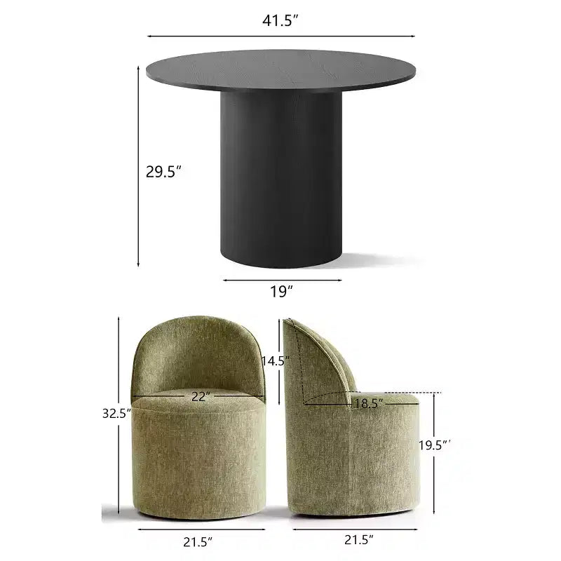Set da Pranzo 5 Pezzi per 4 Persone, Sedie Moderne a Barilotto con Ruote e Rivestimento in Ciniglia, Tavolo Rotondo con Basamento Nero-Panipeachy