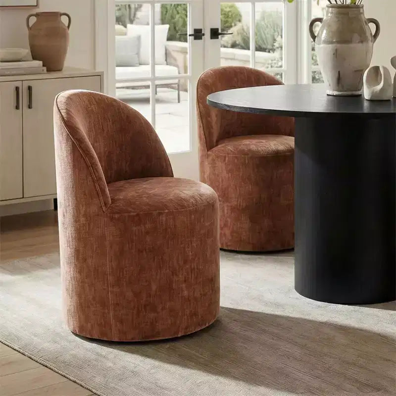 Set da Pranzo 5 Pezzi per 4 Persone, Sedie Moderne a Barilotto con Ruote e Rivestimento in Ciniglia, Tavolo Rotondo con Basamento Nero-Panipeachy