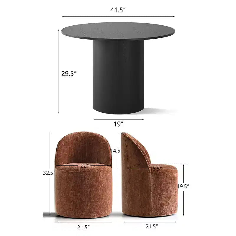 Set da Pranzo 5 Pezzi per 4 Persone, Sedie Moderne a Barilotto con Ruote e Rivestimento in Ciniglia, Tavolo Rotondo con Basamento Nero-Panipeachy