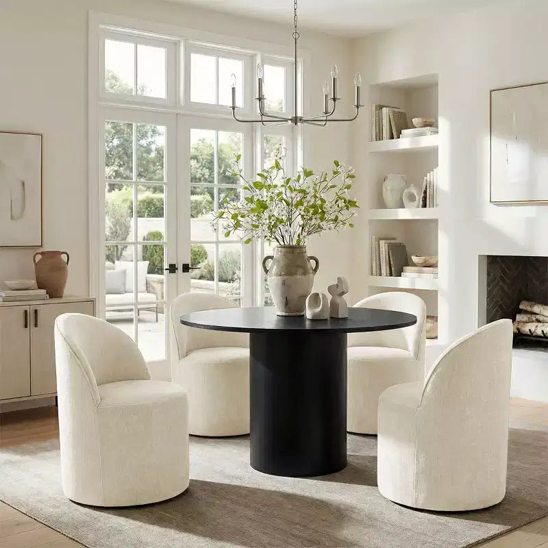 5-Piece Dining Table Set for 4, Modern Barrel Chair with Wheels and Chenille Upholstery, Black Round Pedestal Table-Panipeachy