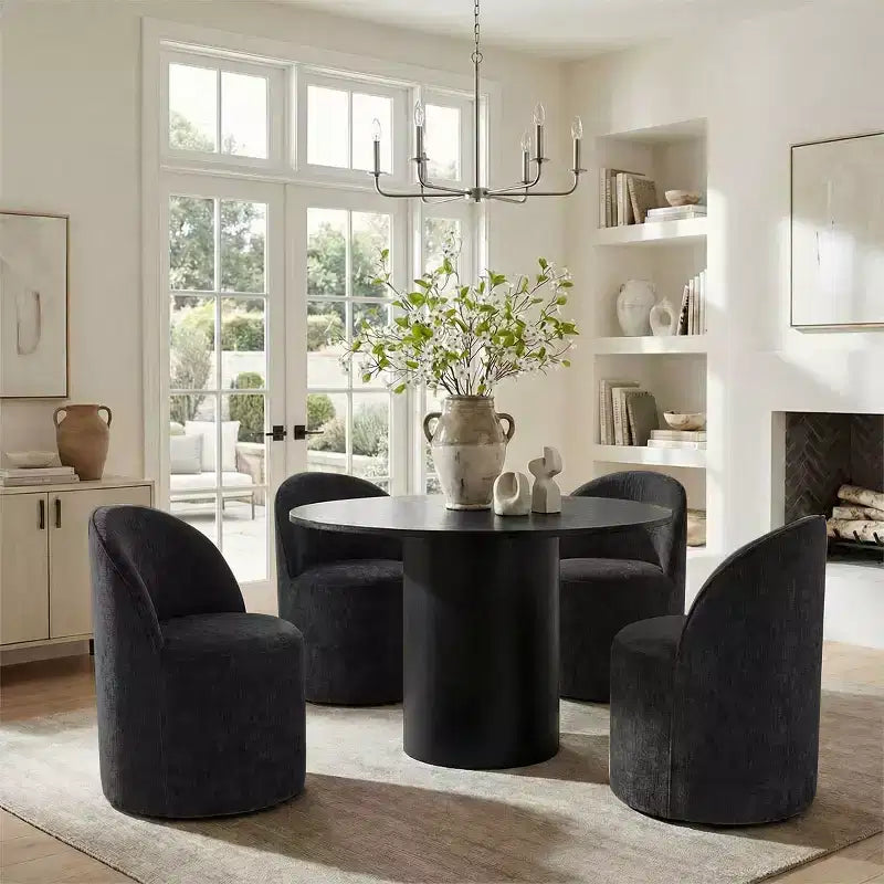 Set da Pranzo 5 Pezzi per 4 Persone, Sedie Moderne a Barilotto con Ruote e Rivestimento in Ciniglia, Tavolo Rotondo con Basamento Nero-Panipeachy