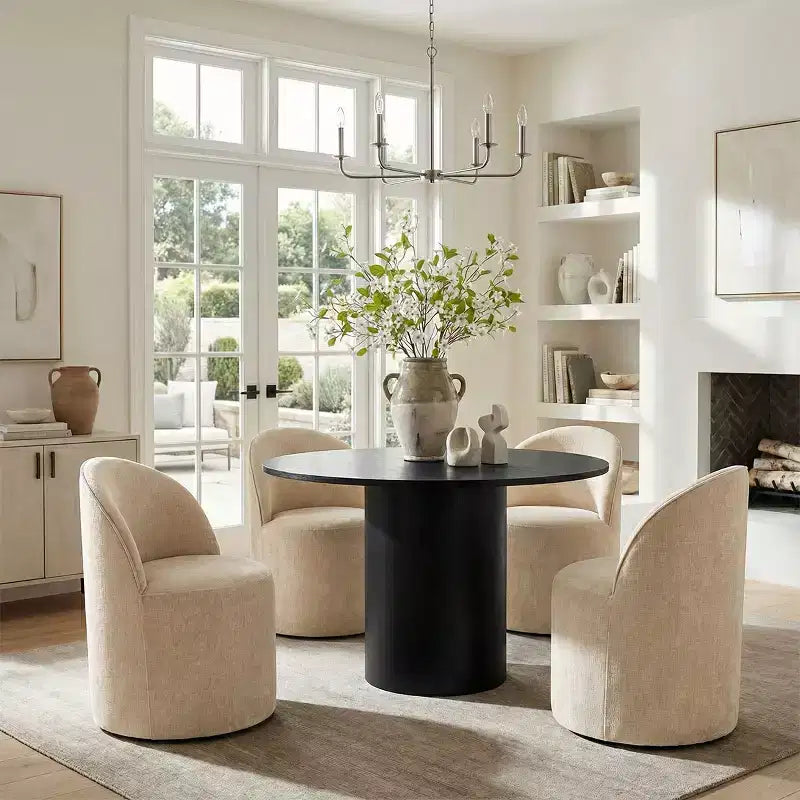 Set da Pranzo 5 Pezzi per 4 Persone, Sedie Moderne a Barilotto con Ruote e Rivestimento in Ciniglia, Tavolo Rotondo con Basamento Nero-Panipeachy